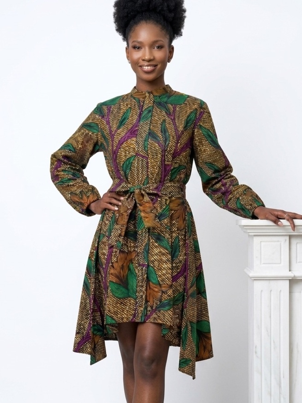 Besida African Print Belted Shirt Dress in Green, Brown and Red